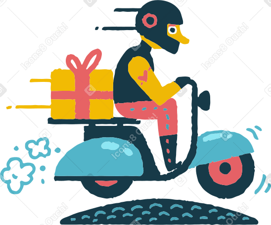 Человек едет на самокате с подарком на спине в PNG, SVG