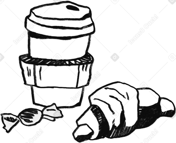 minimal black line paper cup of coffee, croissant and candy PNG, SVG