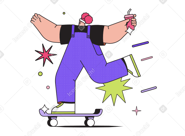 Illustrazione animata Ragazza con drink sullo skateboard in GIF, Lottie (JSON), AE