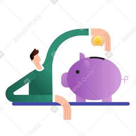 Man in the yellow shirt puts a coin in the piggy bank Illustration in PNG, SVG