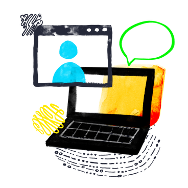 Ноутбук с онлайн-встречей и общением с обсуждением в PNG, SVG