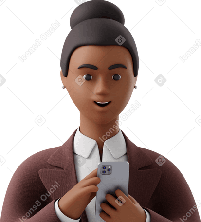 3D close up of black businesswoman in brown suit looking at phone PNG, SVG