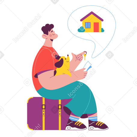 Man with a dog and keys in hands looking at the dream house в PNG, SVG