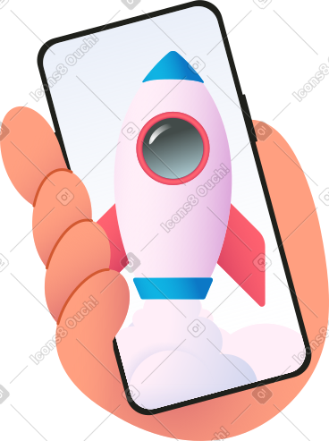 Hand holding phone with rocket on the screen PNG, SVG