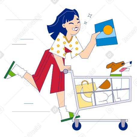 Woman pushing shopping cart with smile Illustration in PNG, SVG