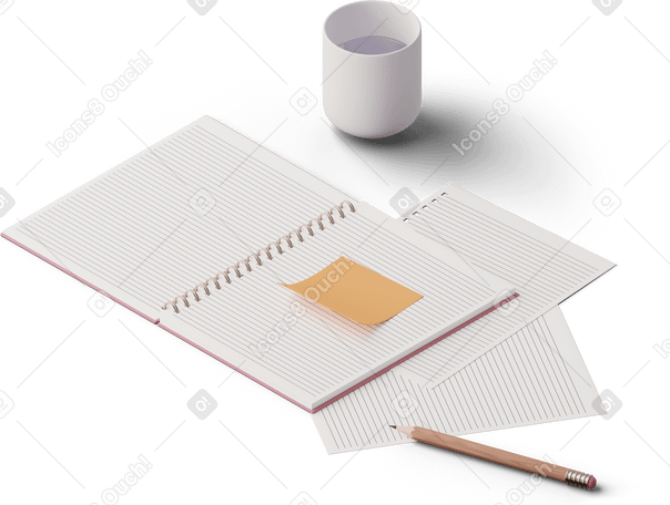 3D cup of water notebook and pencil PNG, SVG