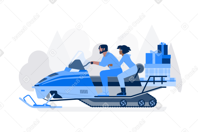 Couple delivering gifts by snowmobile PNG, SVG