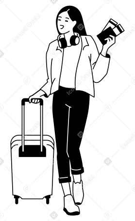 Молодая женщина с чемоданом и билетами отправляется в путешествие в PNG, SVG