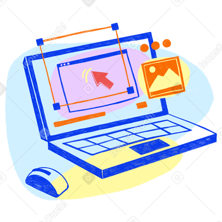 Blue computer with different elements for web design Illustration in PNG, SVG