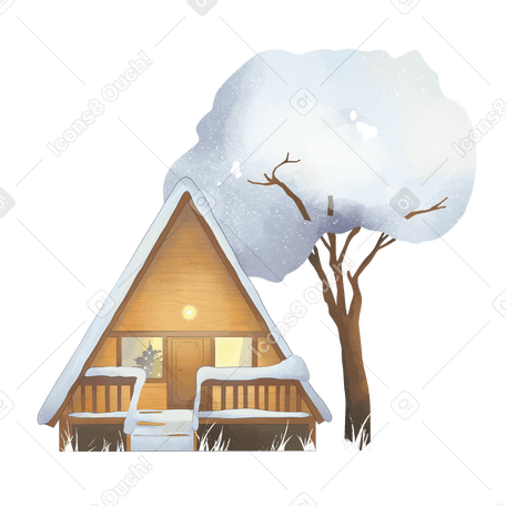 Winter country house and snow tree Illustration in PNG, SVG