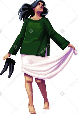 woman walking and holding her shoes and a skirt в PNG, SVG
