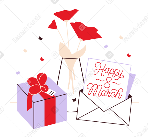Надпись "счастливого восьмого марта" с цветком и подарочной коробкой в PNG, SVG