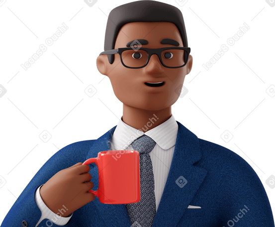 3D close up of black businessman in blue suit with coffee mug Illustration in PNG, SVG
