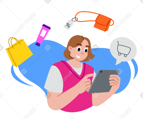 Женщина делает покупки онлайн на планшете в PNG, SVG