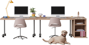 Front view of art studio office desk and dog PNG, SVG