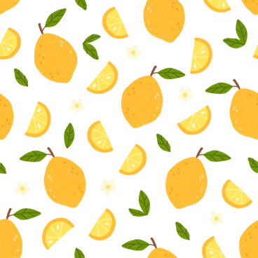 Seamless lemon pattern with lemon slices, leaves and flowers PNG, SVG