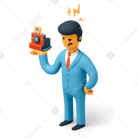 3D Man in suit with instant photo camera in his hand Illustration in PNG, SVG