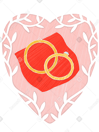 Pink frame in the shape of a heart with a floral pattern and two wedding rings PNG, SVG