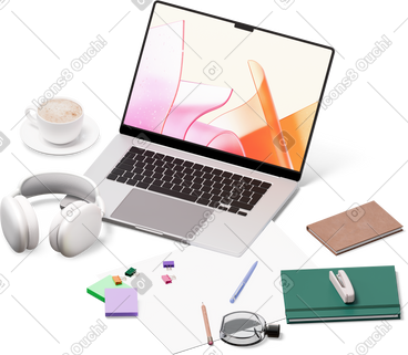 Isometric view of laptop, headphones, notebooks, perfume and cup of coffee PNG, SVG