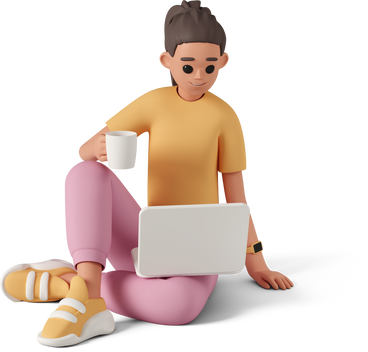 Girl with cup and laptop sitting on floor PNG, SVG