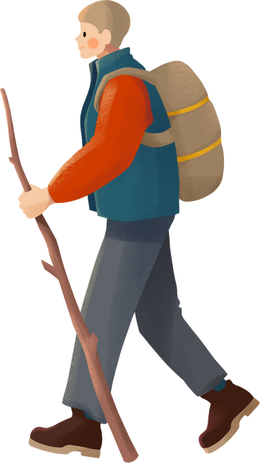 young man in dark green jumper with khaki backpack hiking PNG, SVG