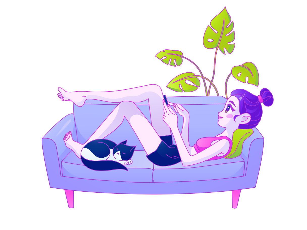 Girl lying on the couch and looking at her phone Illustration in PNG, SVG
