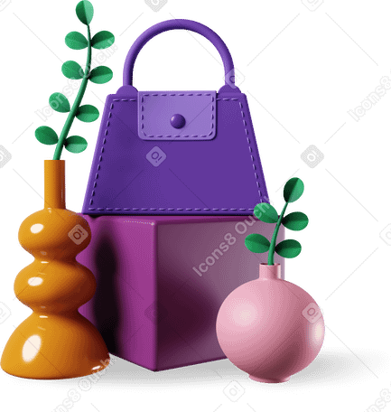 3D bag on cube with plants and vases PNG, SVG