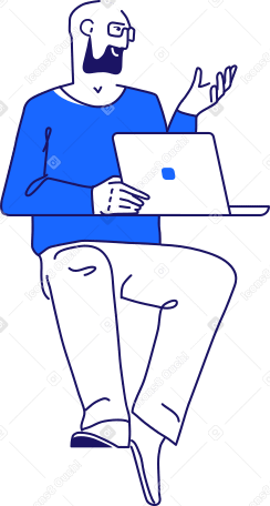 man with glasses is sitting with a laptop in his hands PNG, SVG