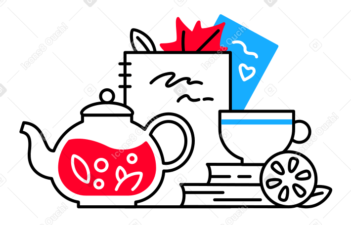 Tea with lemon, books, and autumn leaves PNG, SVG