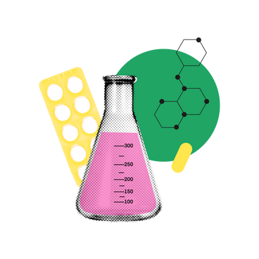 Pharmacology, laboratory flask and tablets PNG, SVG