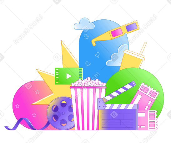 Movie clapper with popcorn and 3D glasses PNG, SVG
