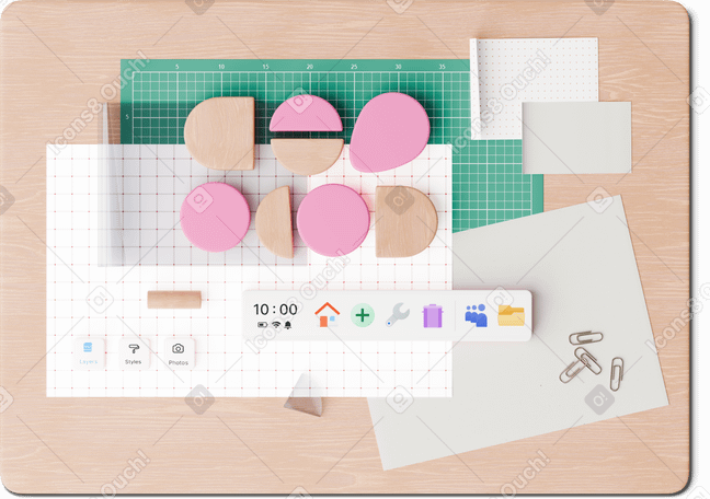 3D top view of desk with papers and design program buttons PNG, SVG