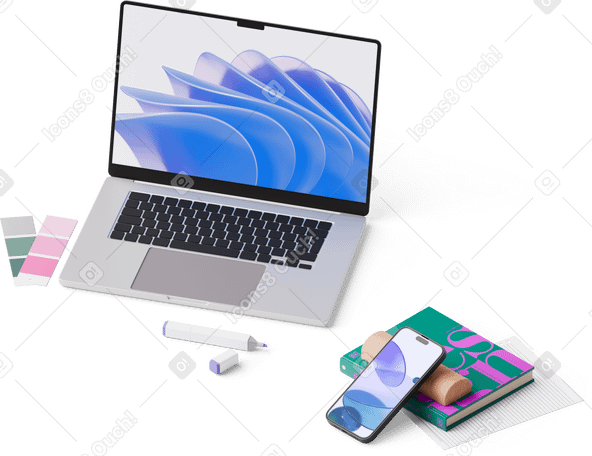 3D Изометрический вид ноутбука, смартфона, блокнота, цветовых палитр и маркера в PNG, SVG