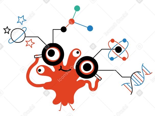 Ученый-персонаж с четырьмя глазами и наукой вокруг в PNG, SVG