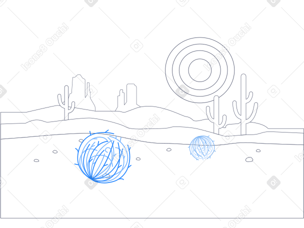 Пустынный пейзаж с перекати-полем и кактусами в PNG, SVG