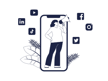 Женщина с мегафоном и смартфоном делает рекламу в социальной сети в PNG, SVG