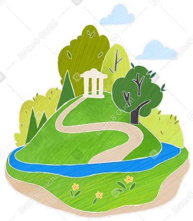 Landscape of a summer park with trees and a hill surrounded by water PNG, SVG