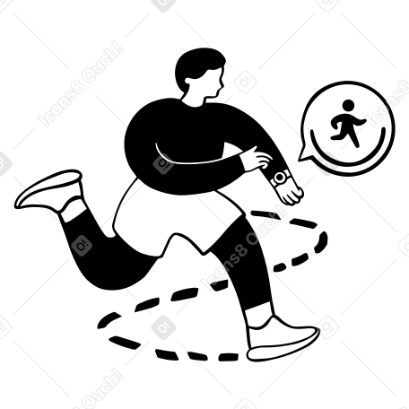 running man looking and pointing at his smartwatch PNG, SVG