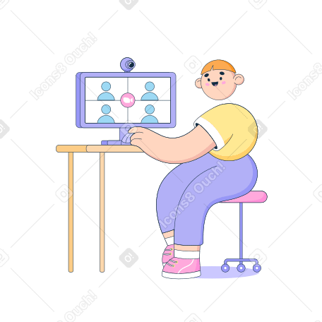 Man sits at a computer and participates in an online meeting Illustration in PNG, SVG