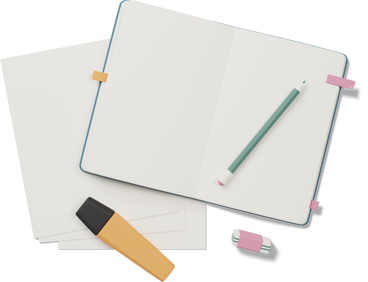 notebook with pencil, highlighter pen and papers PNG, SVG