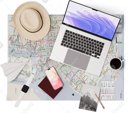 3D top view of map, laptop, hat, passport, smartphone and smartwatch PNG, SVG