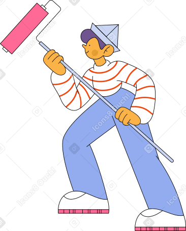 wall painter ing striped shirt with paint roller Illustration in PNG, SVG