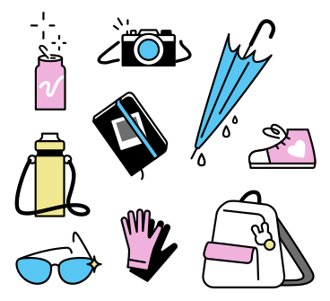 Accessori vari da viaggio: zaino, occhiali da sole, ombrello, ecc. PNG, SVG