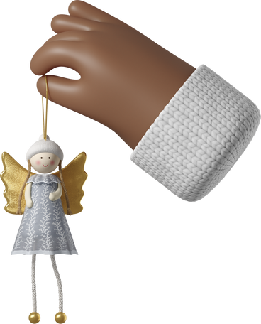 Dark brown skin hand holding a Christmas angel toy PNG, SVG