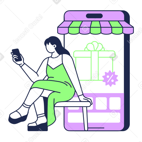 Woman buying something online on her phone PNG, SVG