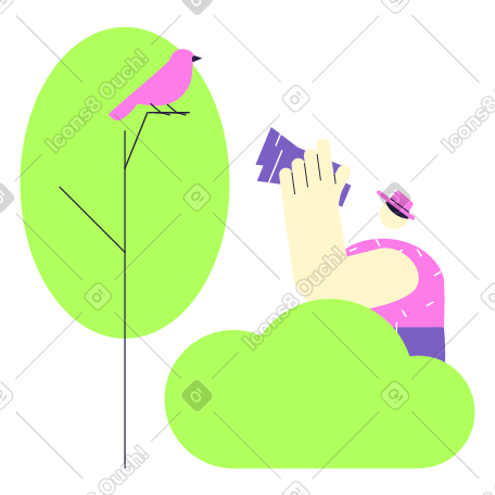 Man sitting in bush and watching a bird on tree with binoculars PNG, SVG