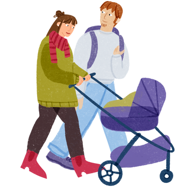 Молодые родители гуляют с коляской в PNG, SVG