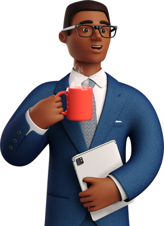 black businessman in blue suit with coffee mug holding tablet Illustration in PNG, SVG