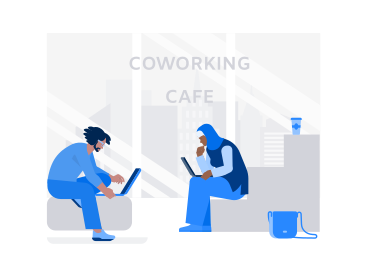 Woman in hijab, man with laptop are working together in coworking cafe PNG, SVG