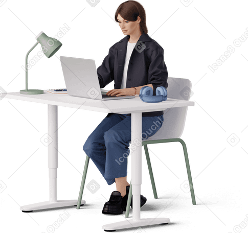 young woman working on laptop PNG, SVG